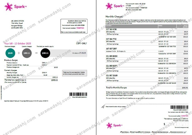 New Zealand Spark utility bill template in Word and PDF formats, 2 pages, version 2